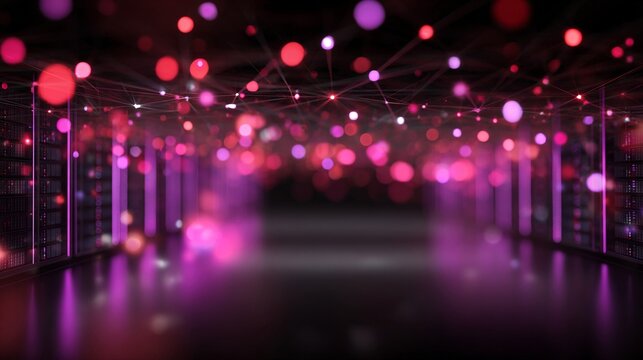 An interconnected network of glowing nodes and pulsing lights in abstract digital space