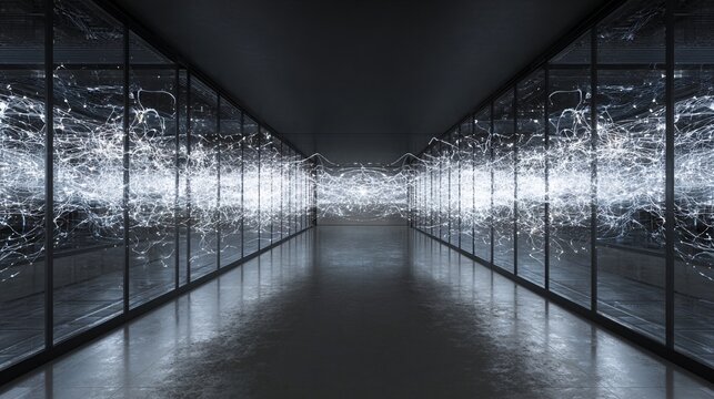 An interconnected network of glowing nodes pulsing with futuristic energy within a modern digital space