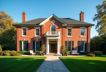 Obraz premium Georgian Brick Mansion Symmetry | Grand Lawn and Portico Charm | Luxury Classic Outdoor Aesthetic
