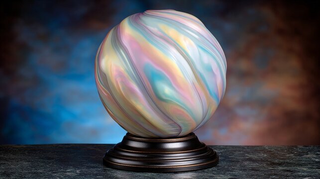 An iridescent, glowing orb with ethereal light pulsations on a dark decorative base
