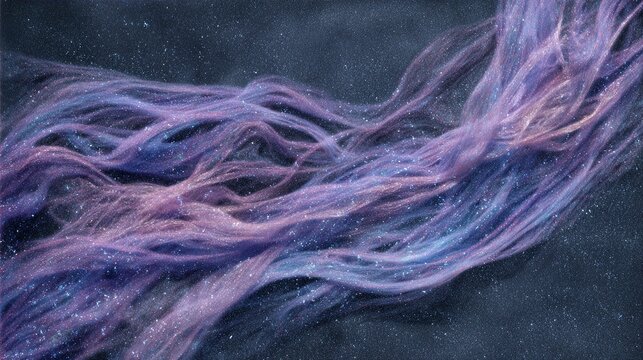 Aurora borealis-like cosmic nebula with swirling purple and blue hues, shimmering with stardust