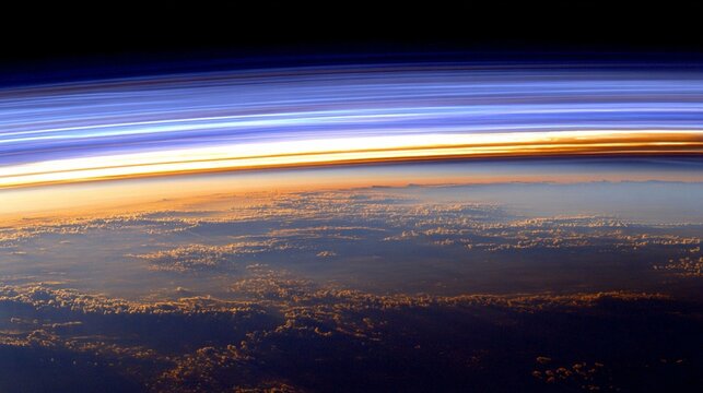 Aurora borealis-like ribbons of light stretch across Earth's atmosphere and horizon from space