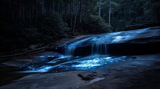 Bioluminescent Waterfall in Enchanted Forest at Night
