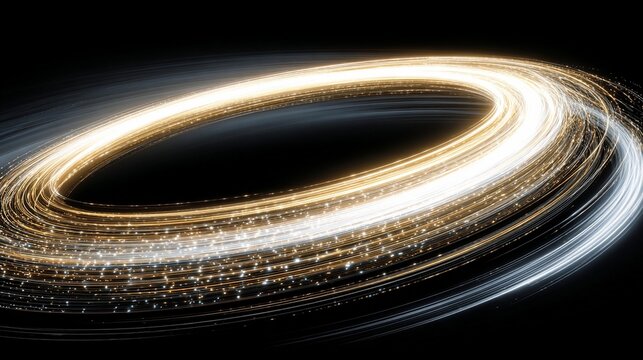 Bright swirling light trails depicting fluid universal energy with sparkling particles against a dark background