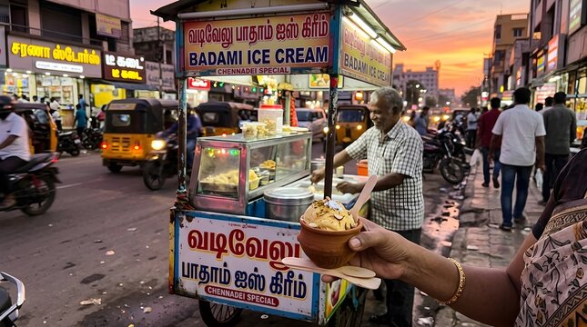 Street vendor selling badami ice cream at sunset in india with a happy customer
