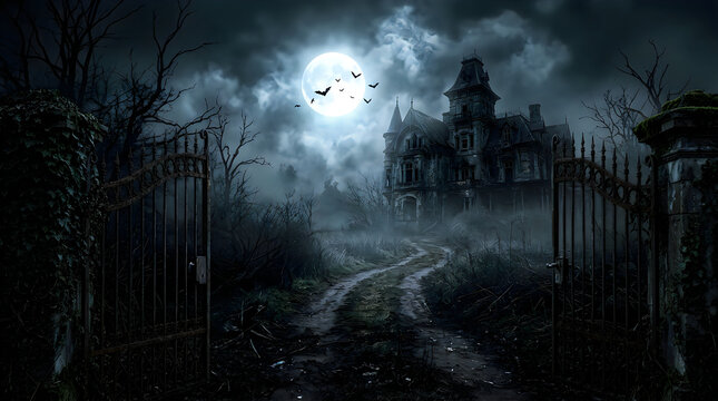 Spooky haunted house silhouette under a glowing full moon in a dark night forest with flying bats in the sky