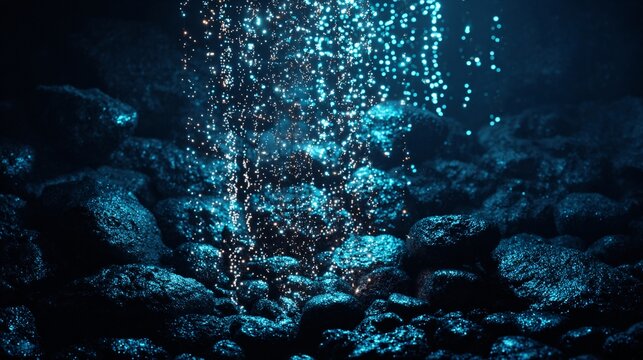 Cascading Waterfall of Liquid Starlight Flowing Over Dark Rocks in a Cosmic Deep.