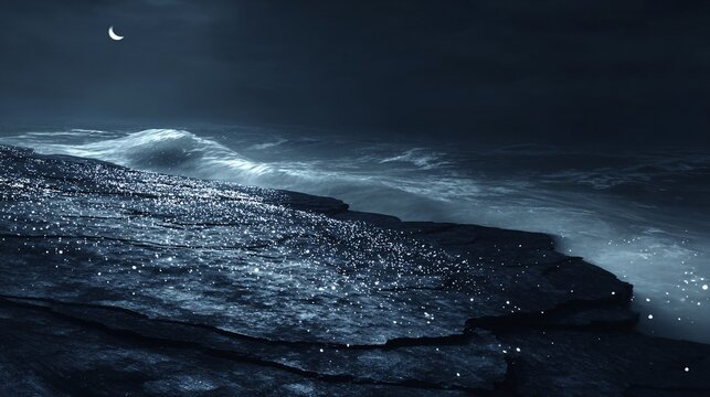 Cascading liquid starlight waterfall flowing over dark ocean rocks under a stormy night sky