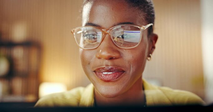 Glasses, laptop and research with black woman in home office for proofreading, editor or freelancer. Blog newsletter, online report and reflection with person in living room of house for remote work
