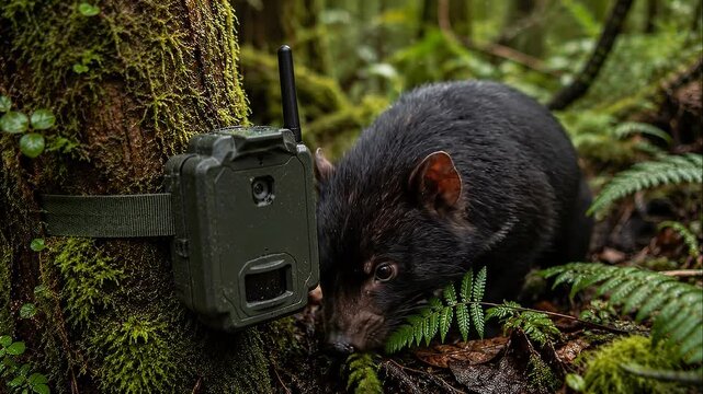 Trail camera wildlife forest nature tech research device marsupial nocturnal mammal Tasmanian devil native species conservation monitoring shy