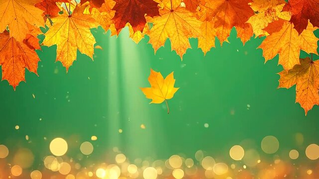 Autumn maple leaves frame on green background with bokeh