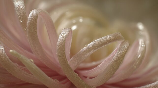 Close-up Macro View of Delicate Pink and White Flower Petals with Water Droplets