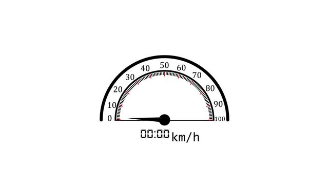 Black and white speedometer gauge with a needle pointing to fifty kilometers per hour on a plain white background for digital interface