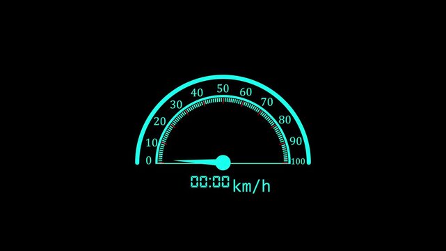 Glowing cyan neon speedometer gauge with a needle pointing to fifty kilometers per hour on a solid black background for digital interface