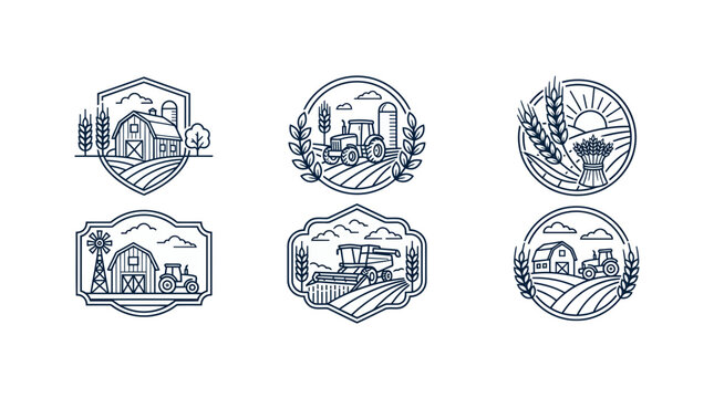 Vintage farm emblems and agricultural logos with rural scenes