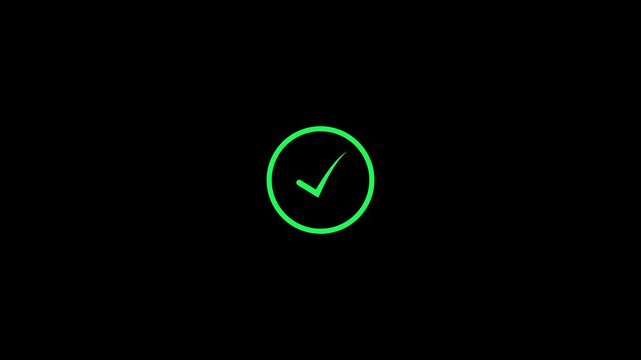 Glowing neon green checkmark symbol inside a circle on a black background representing success and task completion for digital interfaces