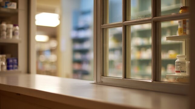 Focused medium shot of the pickup window in a HMO pharmacy showing clear separation by a glass barrier while medication shelves and counters softly fade into the background.