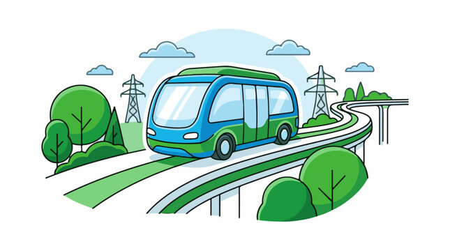 A green and blue bus travels on a winding road with trees and power lines