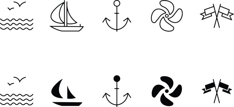 Nautical icons set waves sailboat anchor propeller and flags black and white