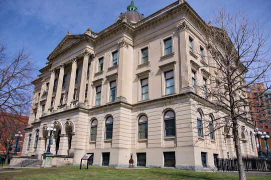 Front facade of McLean County History Museum with grand columns and portico in Bloomington Illinois