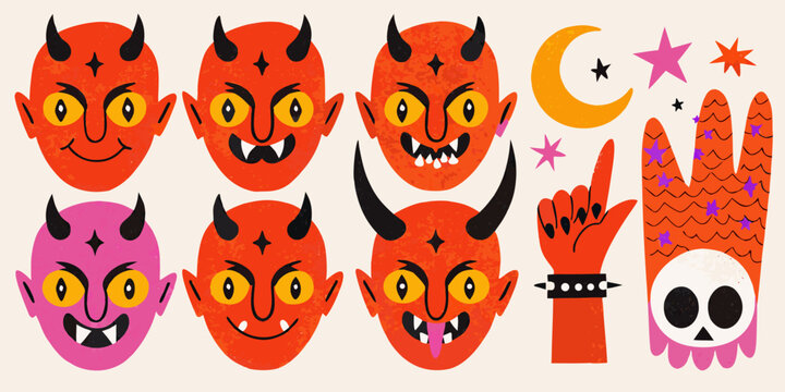 Collection Of Red Demon Characters And Halloween Symbols Vector Illustration