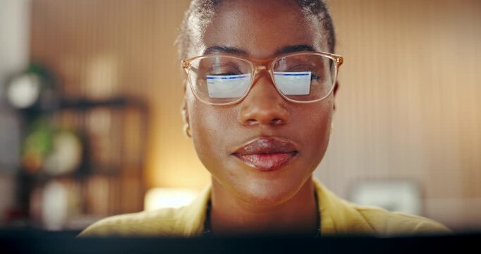 Glasses, laptop and reflection with black woman in home office for proofreading, editor or freelancer. Blog newsletter, online report and research with person in house for remote work and planning