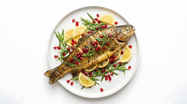 Roasted Armenian Ishkhan (Sevan trout) garnished with tarragon, lemon, and pomegranate on a platter, isolated on pure white