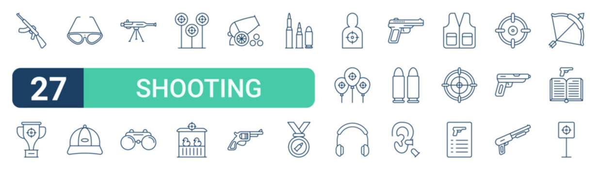 Set of 27 outline Shooting icons for modern UI, landing pages and digital services. Editable stroke collection with rifle, cup, safety glasses, duck shooting, target and document editor.