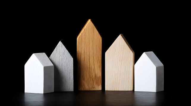 Five small wooden toy houses standing in a horizontal line arrangement against a solid dark black background