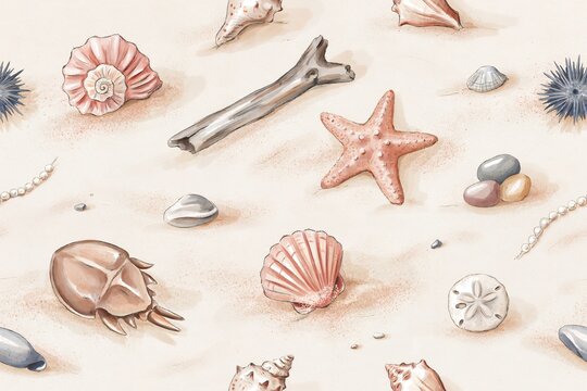 Seamless pattern of various seashells, starfish, sea urchins, and driftwood scattered on a sandy beach background, hand drawn watercolor style
