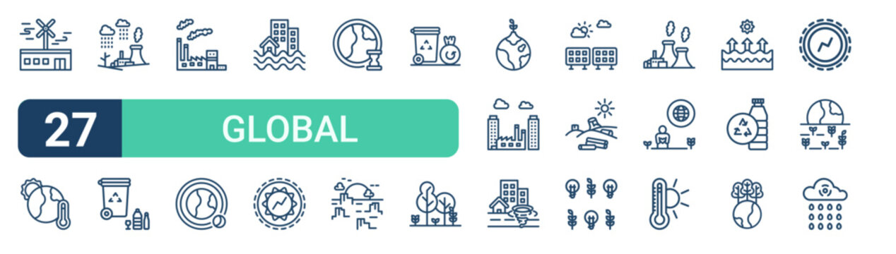 Set of 27 outline Global Warming icons for modern UI, landing pages and digital services. Editable stroke collection with win, climate change, radioactive, solar energy, green factory and celsius.