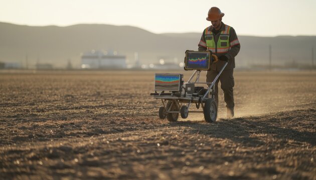 Professional ground penetrating radar technician scanning the soil surface using a wheeled device in a desert