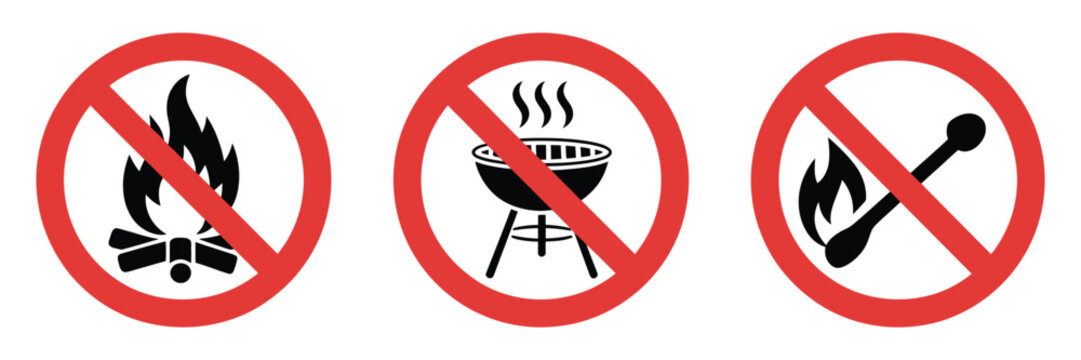 No open fire signs, prohibition vector set of red warning circle icons with crossed flames, grill, and match symbols for safety regulations, hazard prevention, and public signage design.