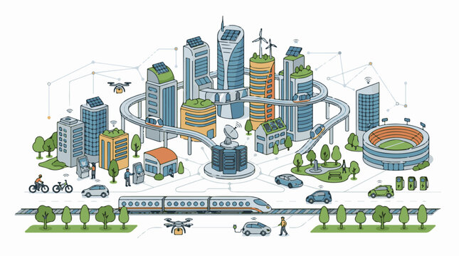 A futuristic eco-friendly cityscape with sleek skyscrapers green spaces and advanced transportation systems
