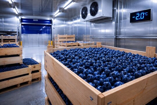 Industrial cold storage warehouse with wooden crates of fresh blueberry fruits. Smart cold chain logistics with digital display showing minus 2.0 celsius temperature background