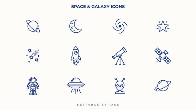 Set of twelve minimalist space and galaxy icons with astronaut and alien characters . Vector flat illustration on a white background. Vector illustration.