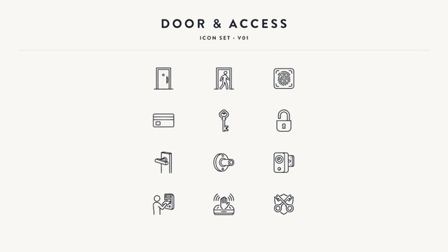 Minimal line icons set of door and access control symbols for security and entry systems . Vector flat illustration on a white background. Vector illustration.