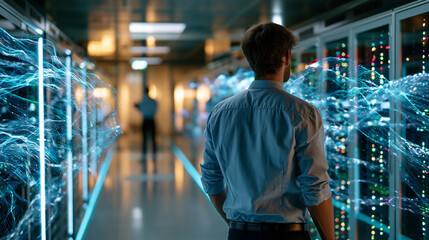 Obraz premium Engineer standing beside illuminated modular data cabinets with holographic abstract data streams in a futuristic high tech storage room