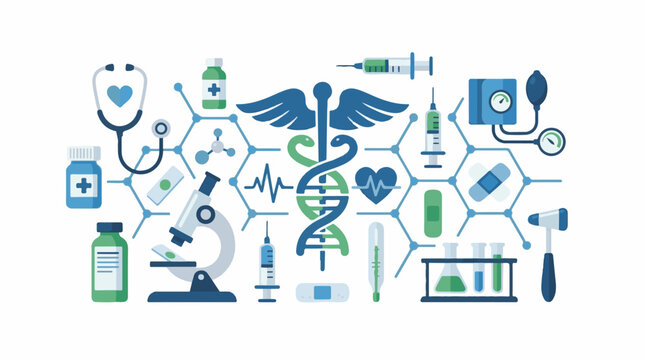 Medical symbols and tools illustration with health icons