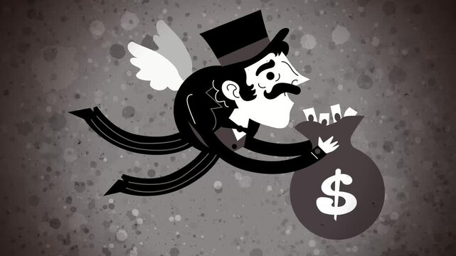 angel investor tycoon flying with a bag full of dollars
