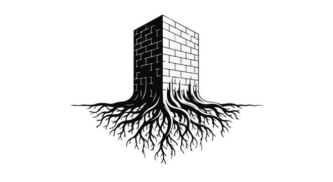 Brick structure stands firmly with deep roots growing into the solid ground below.