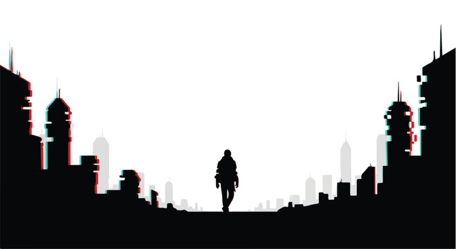 Traveler walks alone through the dark silhouette of a desolate urban landscape.