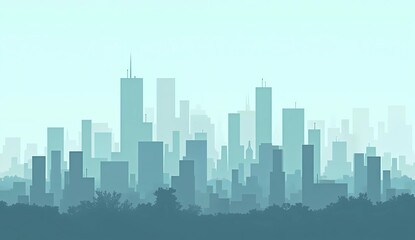 Fototapeta premium Minimalist Blue Teal City Skyline Silhouette with Trees Foreground