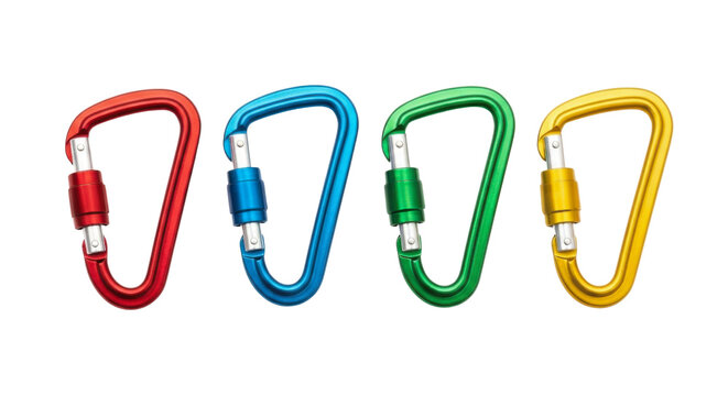 Four colorful locking climbing carabiners in red blue green and yellow isolated on transparent background.