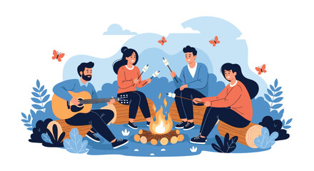 Fototapeta premium Happy group of friends gathers around a cozy campfire to play guitar and roast marshmallows in a forest clearing.