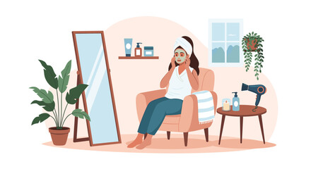 Fototapeta premium Relaxed young woman enjoying skincare routine while applying face mask in cozy home setting with mirror and beauty accessories.