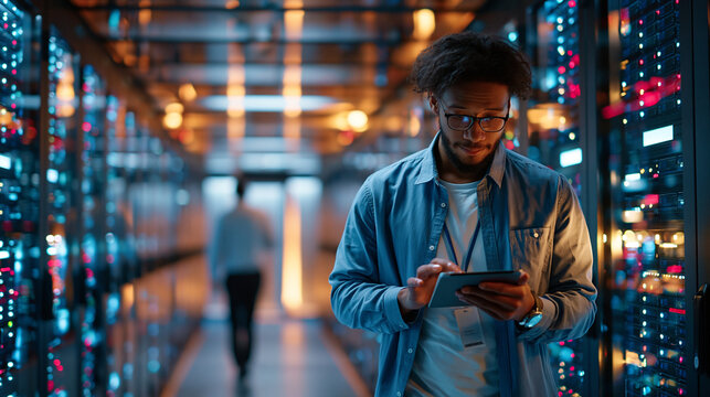 Technician walking through modern data center corridor with glowing server racks and secure cloud storage technology at night