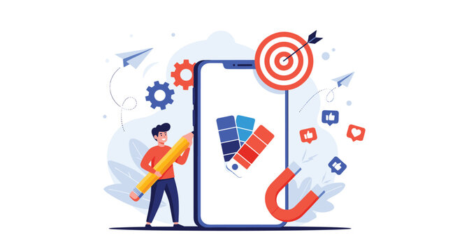 Creative graphic designer using giant pencil to work on mobile application interface design with color swatches and marketing icons.