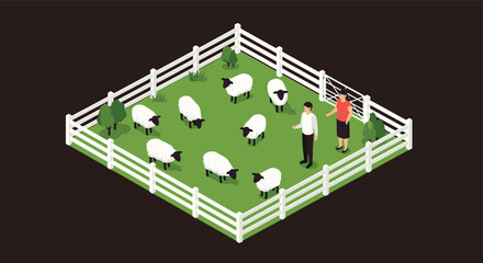 Fototapeta premium Isometric view of sheep grazing in a green pasture with two farmers within a white fenced enclosure on a farm with small trees.