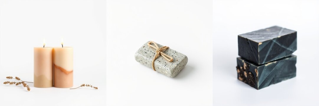 Minimalist product shots. Candles, soap, neutral tones. Clean aesthetic, simple presentation, focus on texture.